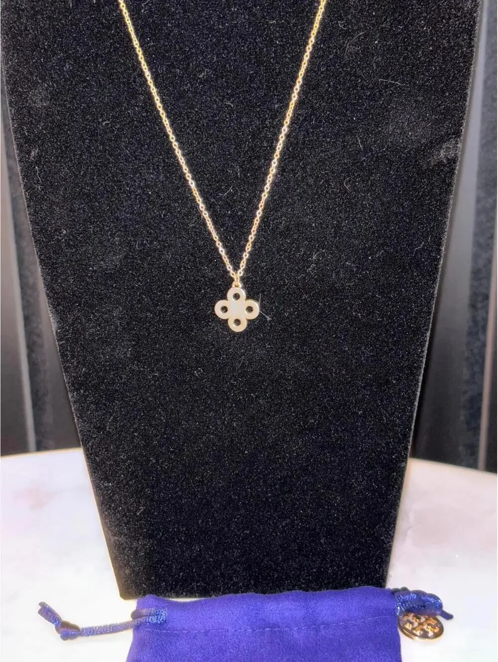 Tory Burch Gold Tone Pendant Necklace with Blue Velvet Pouch
